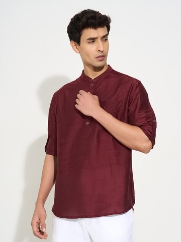 Maroon Two-Tone Slub Short Kurta with Roll-Up Sleeves