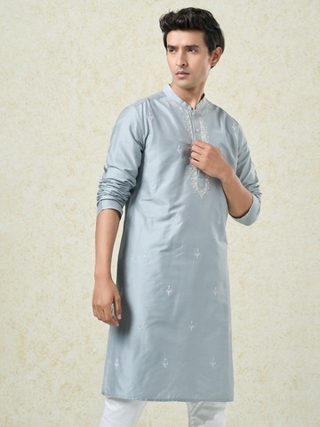 Light Blue Motif Embroidered Long Kurta