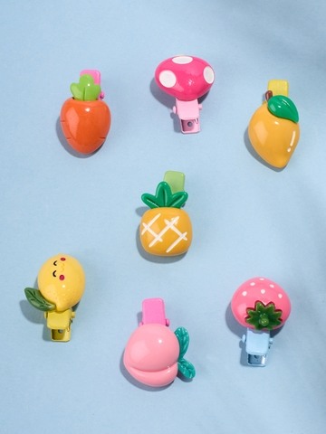 Multicoloured Fruit & Mushroom Design Mini Hair Clip Set - Pack of 7