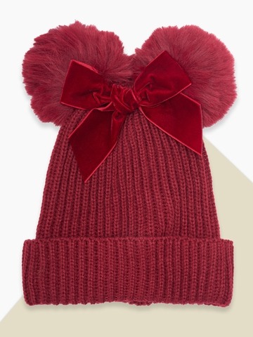 Wine Knit Beanie with Pom-Poms & Velvet Bow