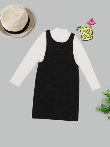 Black Tweed Dress & Solid Turtleneck Top Combo