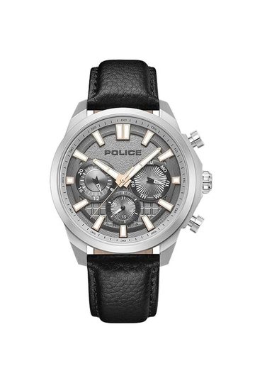 POLICE | 44 mm Analogue Quartz Watch For Men's - Grey Dial with Black Leather Strap (NTPLPWGF0021006)
