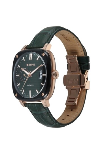 Titan | Automatic Vintage Concealed 40.5 x 12.45 mm Green Dial Leather Analogue Watch For Men - 90225KL01