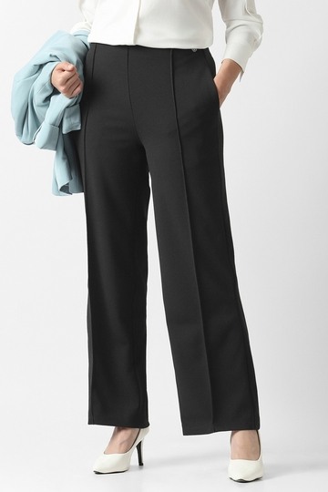 Women Black Solid Casual Trousers
