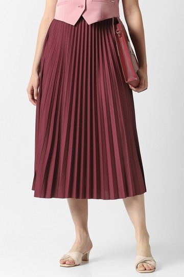 Women Maroon Solid Party Calf-Length Skirt