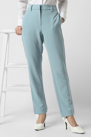 Women Light Blue Solid Formal Regular Fit Trousers