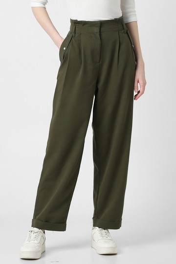 Women Olive Solid Formal Trousers