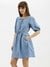 Womens Tie-Up Neck Solid Denim Dress