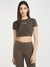Brown Solid Round Neck Short Sleeves Crop Top