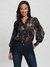 Black Printed Spread Collar Full Sleeves Paisley Velvet Top