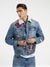 Blue Printed Spread Collar Full Sleeves Denim Jacket