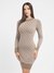 Brown Printed Mock Neck Full Sleeves Bodycon Dress