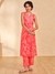 Womens Coral Occasion Leafy Print Kurta Set