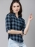 SHOWOFF Women's Spread Collar Slim Fit Checked Navy Blue Shirt