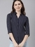 SHOWOFF Women's Spread Collar Three-Quarter Sleeves Striped Navy Blue Opaque Shirt