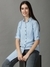 SHOWOFF Women Blue Striped Spread Collar Three-Quarter Sleeves Long Casual Shirt