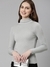SHOWOFF Women's High Neck Embellished Regular Sleeves Fitted Grey Top