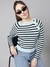 SHOWOFF Women's Turquoise Blue Horizontal Stripes Fitted Top