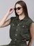 SHOWOFF Women's Shirt Collar Solid Olive Sleeveless Basic Jumpsuit