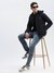 SHOWOFF Men's Solid Mock Collar Navy Blue Bomber Jacket Comes with Detachable Hoodie