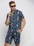Men's Blue Cuban Collar Printed Over Sized Co-ords Set