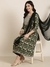 SHOWOFF Women's A-Line Green Ethnic Motifs Kurta and Trousers Set Comes With Dupatta