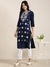 SHOWOFF Women's Straight Navy Blue Floral Kurta and Trousers Set