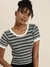 SHOWOFF Women's Round Neck Striped Regular Sleeves Fitted White Crop Top