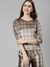 SHOWOFF Women's Round Neck Three-Quarter Sleeves Brown Checked Co-Ords