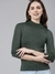 SHOWOFF Women's High Neck Embellished Regular Sleeves Fitted Green Top