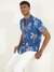 Men Blue Tropical Print Spread Collar Short Sleeves Shirt