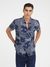 Men Navy Blue Printed Spread Collar Short Sleeves Shirt