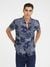 Men Navy Blue Printed Spread Collar Short Sleeves Shirt
