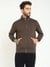 Brown Solid High Neck Full Sleeves Zip Through Sweatshirt