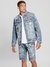 Blue Printed Spread Collar Full Sleeves Denim Jacket