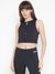 Black Solid Round Sleeveless Crop Top