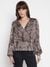 Brown Printed V-Neck Full Sleeve Top