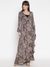 Brown Printed V-Neck Full Sleeve Wrap Dress