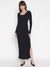 Black Ribbed Square Neck Full Sleeve Wrap Dress