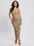 Beige Self Design Square Neck Sleeveless Bodycon Dress