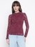 Women Burgundy Lace Embroidery Mock Neck Top