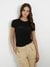 Women Black Solid Round Neck Short Sleeves T-Shirt