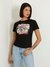 Women Black Printed Round Neck Short Sleeves T-Shirt