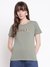 Guess Women Glossy Lichen Leaf Green Embellished Round Neck Regular Fit T-Shirt