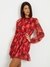 Red Printed Round Neck Full Sleeves Tiered Dress