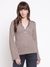 Guess Women Lurex Flat Rib Knit Silk Taupe Ribbed Henley Neck Regular Fit Top