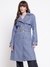 Guess Women Diletta Belted Blue Jacquard Lapel Collar Regular Fit Trench Coat