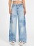 Guess Women's Blue Printed Mid-Rise Wide Leg Jeans