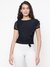 Verdiana Slinky Mesh Jet Black Solid Round Neck Regular Fit Asymmetrical Ruffle Top