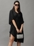SHOWOFF Women Black Solid  V Neck Short Sleeves Midi Fit and Flare Dress